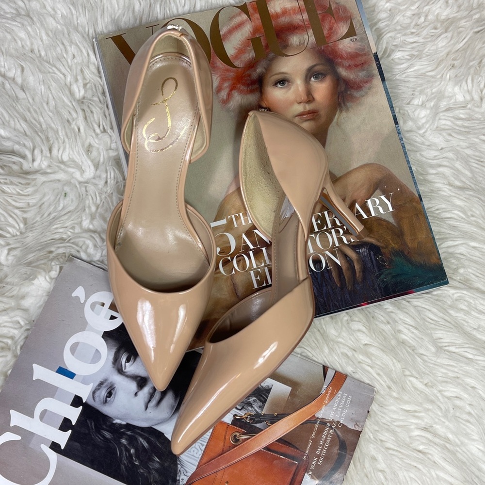 SAM EDELMAN VIV POINTED TOE PUMP Elegant Nude Patent Leather Pumps - Picture 2 of 10